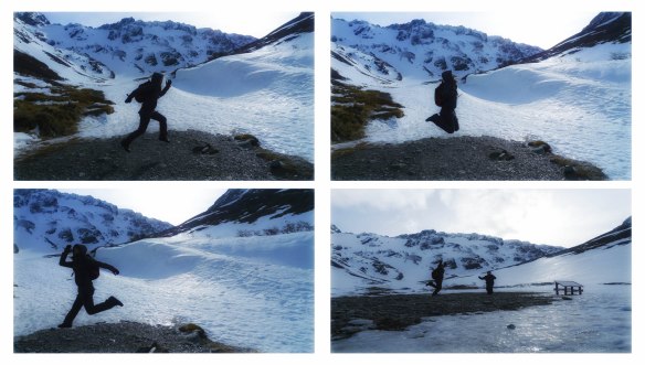 Notice how we had to look for the "bald" patch to do these jumping shots? We would've slipped and cracked our skulls if we did this anywhere else. The glacier was THAT slippery